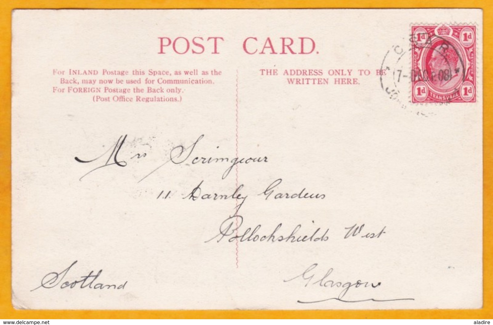 1908  CSAR Railways Cancel On KEVII 1 D Stamp - Postcard From Johannesburg To Glasgow, Scotland - Transvaal (1870-1909)