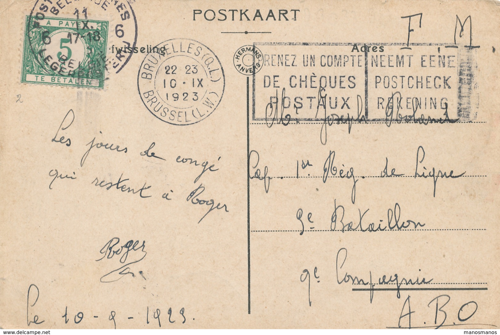 138/28 - Carte " Leve Den Troep " En S.M. BRUXELLES 1923 Vers A.B.O. - Taxation Simple à  5 C Postes Militaires 6 - Covers & Documents