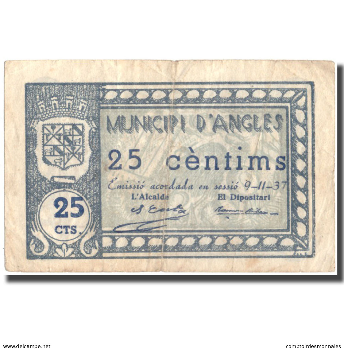 Billet, Espagne, 25 Centimos, Angles, Blason, 1937, 1937-11-09, TTB - Autres & Non Classés