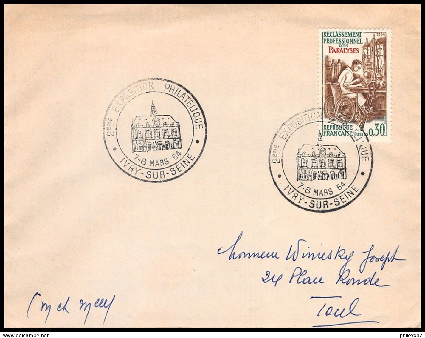 6540/ France Lettre (cover) Commémoratif N°1405 Handicapés Exposition Ivry Sur Seine 1964 Pour Toul - Cachets Commémoratifs