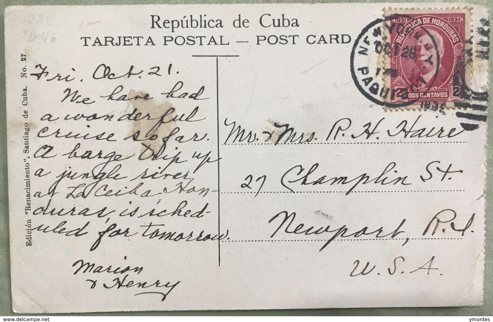 Postcard Circulated 1934 PAQUEBOT Bahia Santiago De Cuba - Honduras