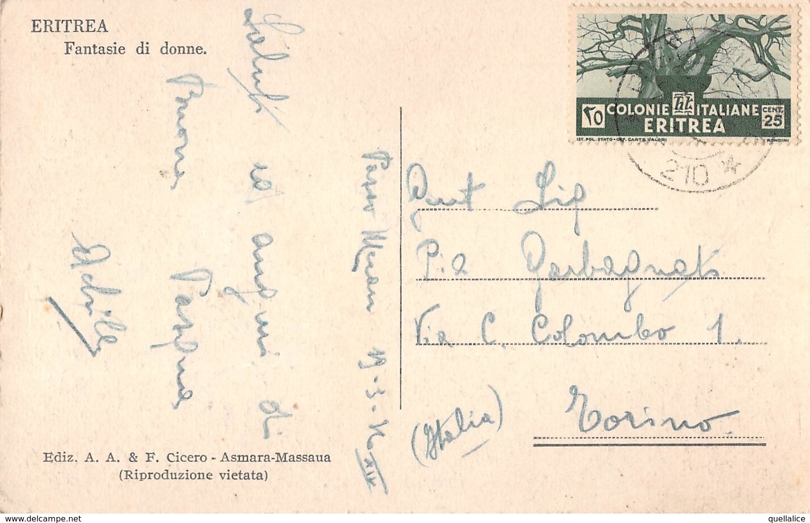 0740 "AFRICA - ERITREA - FANTASIE DI DONNE" ANIMATA, AFFRANCATURA COLONIA ERITREA. CART SPED 1916 - Erythrée