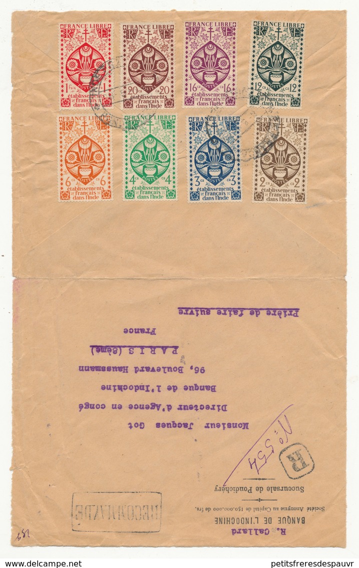 INDE FRANÇAISE 8 Timbres Série De Londres 2ca à 1fa YT217/24 Sur Lettre Banque De L'Indochine Recommandée De PONDICHÉRY - Lettres & Documents