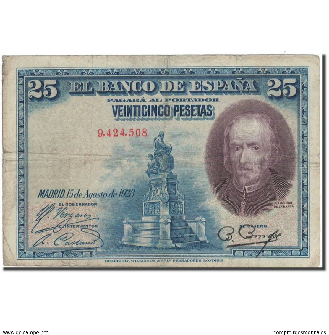 Billet, Espagne, 25 Pesetas, 1928, 1928-08-15, KM:74a, B+ - 1-2-5-25 Pesetas