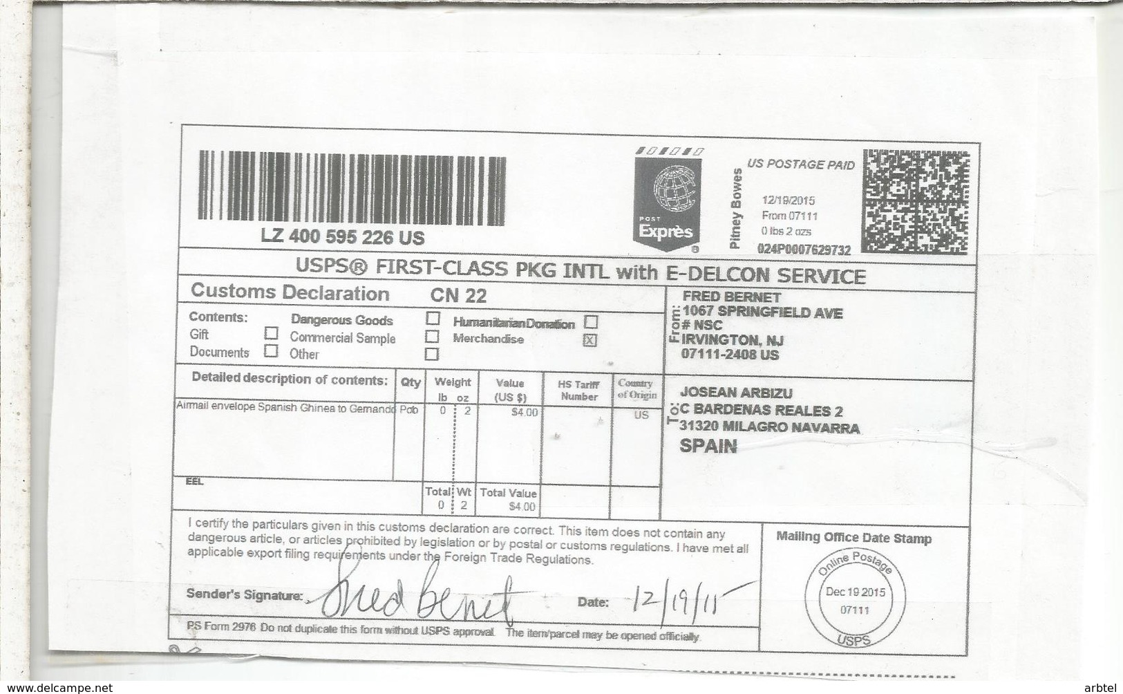 ESTADOS UNIDOS USA ELECTRONIC LABEL PITNEY BOWES 2015 - Otros & Sin Clasificación