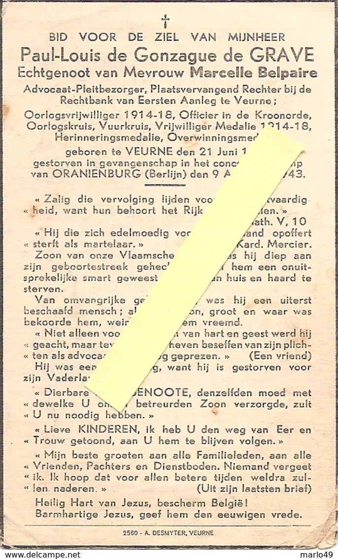 DP. OORLOG 40-45 - PAUL DE GONZAGUE DE GRAVE ° VEURNE 1887 - ORANIENBURG (BERLIJN) 1943 - Religion & Esotérisme