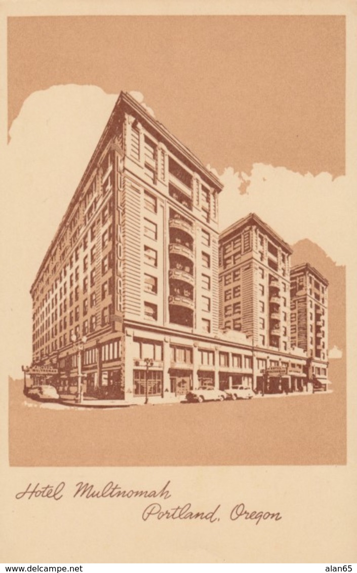 Portland Oregon, Hotel Multnomah, Graphic Design Image, C1950s Vintage Postcard - Portland