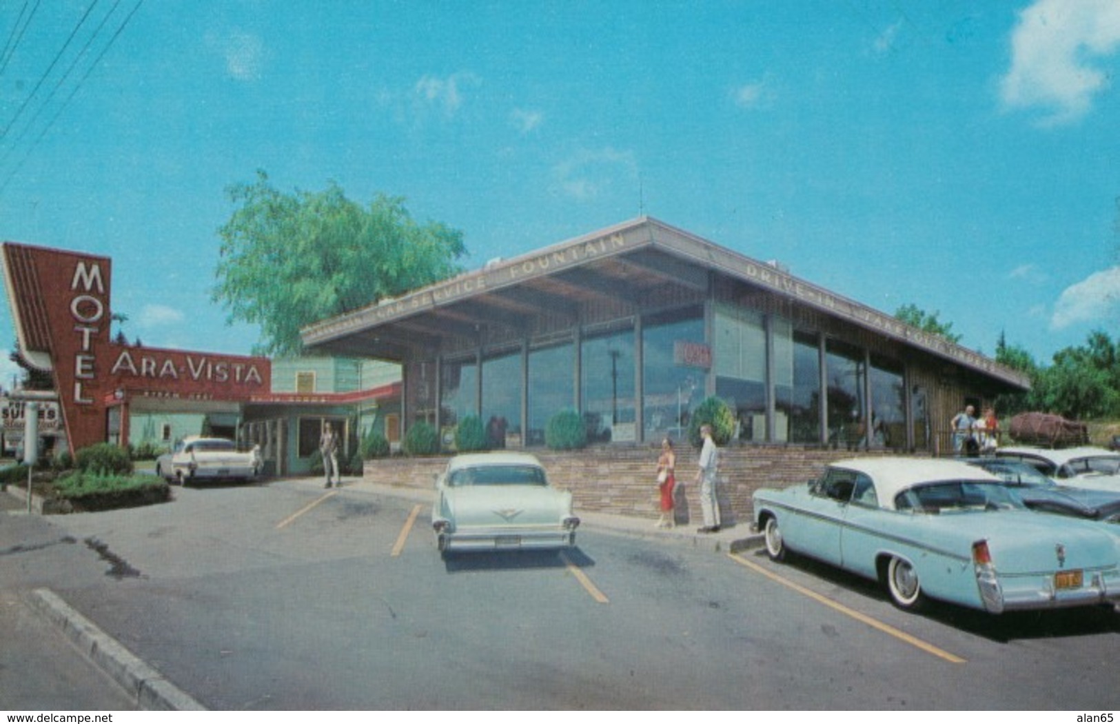 Porltand Oregon, Ara Vista Motel, Tops Drive-in Restaurant Mid-century Architecture, Autos, C1950s Vintage Postcard - Portland