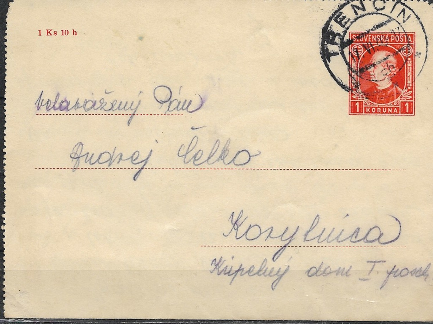 E59-SLOVAKIA 1939-POSTCARD -ANDREJ HLINKA -ORANŽ-RED FARBE - 1 KORUNA - Slovacchia