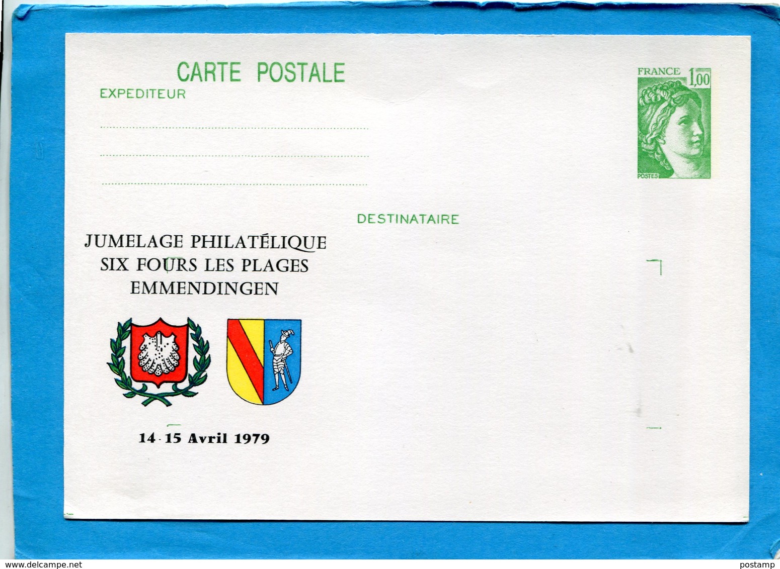 Carte Entier Postal-neuve- 1fr Sabine-repiquage -jumelage-"six Fours Les Plages-Emmendingen" Avril 1979 - Bijgewerkte Postkaarten  (voor 1995)