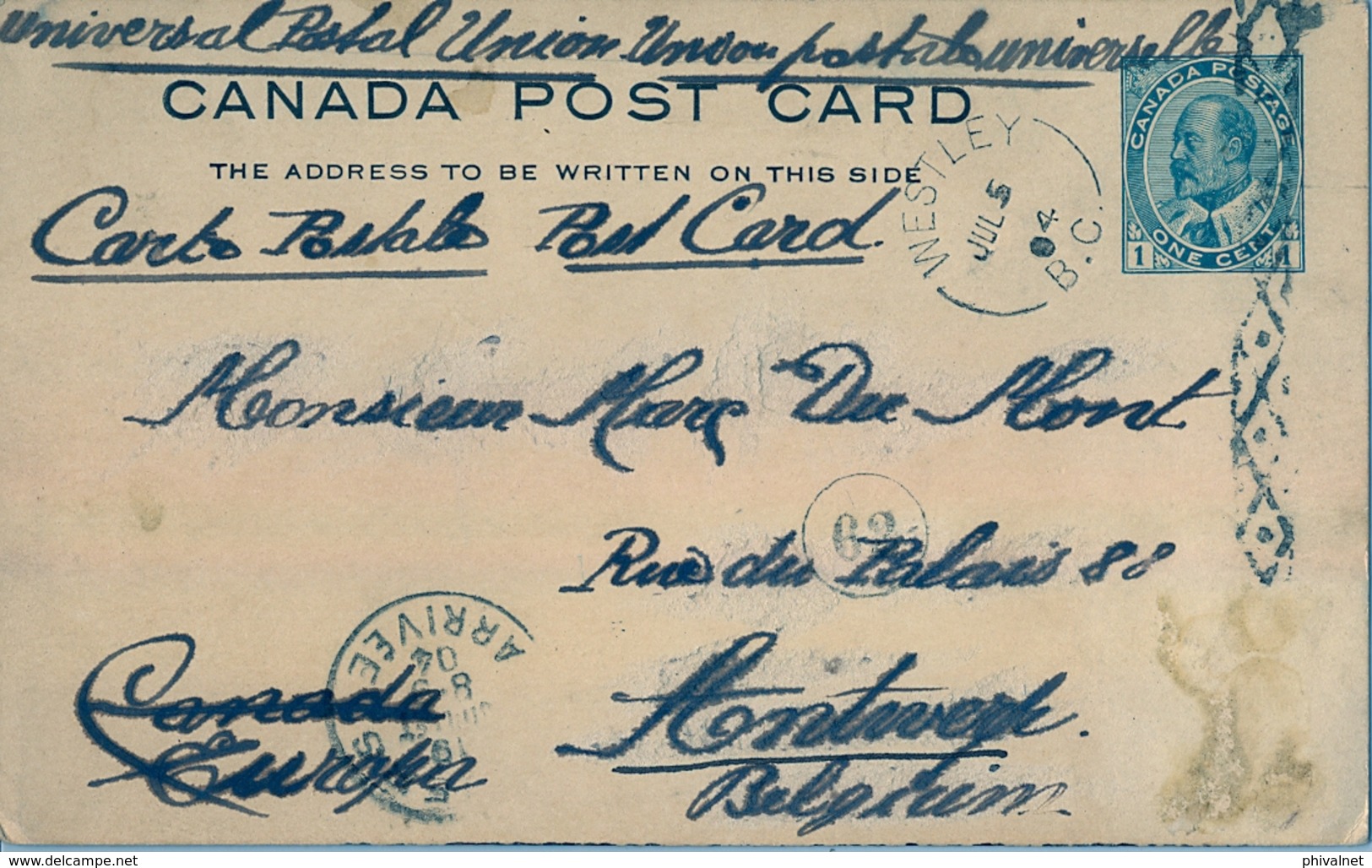 1904 , CANADA , ENTERO POSTAL CIRCULADO, WESTLEY - AMBERES , TRÁNSITO AL DORSO DE NUEVA YORK , LLEGADA - Cartes Illustrées Officielles