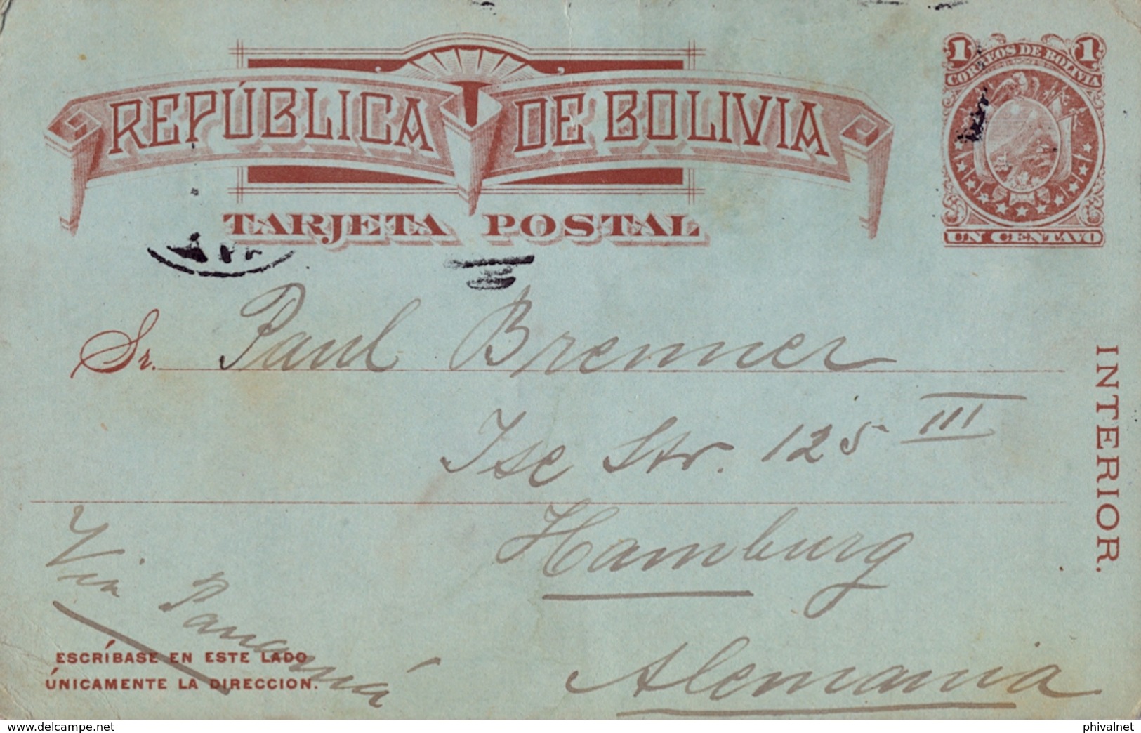 1910 , BOLIVIA , ENTERO POSTAL CIRCULADO VIA PANAMÁ , LA PAZ - HAMBURGO - Bolivia