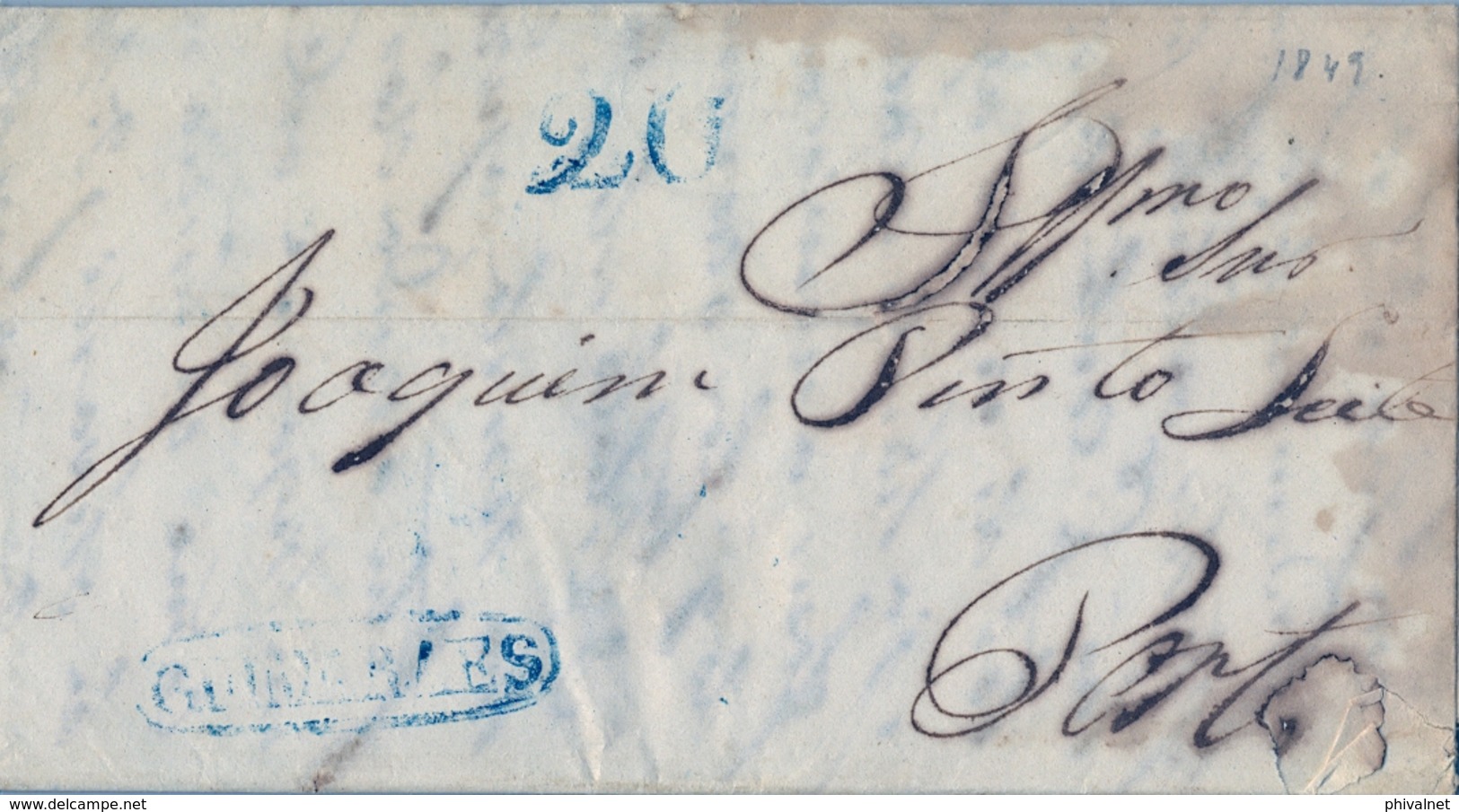 1849 , PORTUGAL PREFILATELIA , GUIMARAES - PORTO , CARTA CIRCULADA , MARCA Y PORTEO EN AZUL - ...-1853 Vorphilatelie