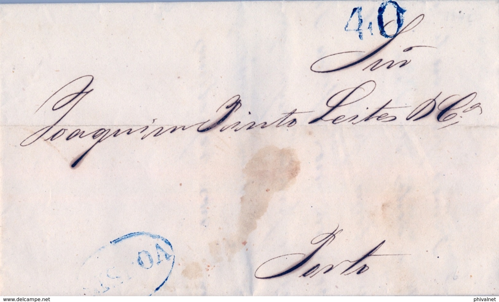 1842 , PORTUGAL PREFILATELIA , LISBOA - PORTO , CARTA CIRCULADA , MARCA Y PORTEO EN AZUL - ...-1853 Préphilatélie