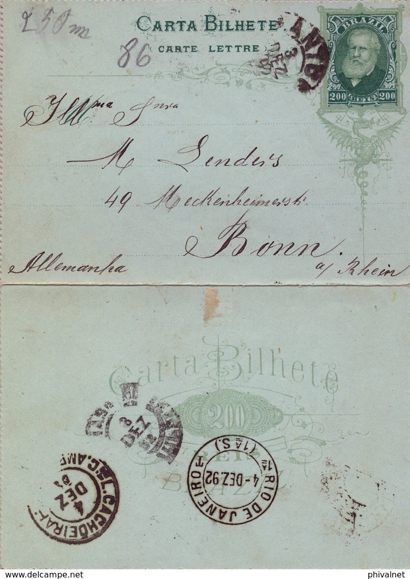 1892 , BRASIL , ENTERO POSTAL CIRCULADO DE 200 REIS , SANTOS - BONN - Enteros Postales