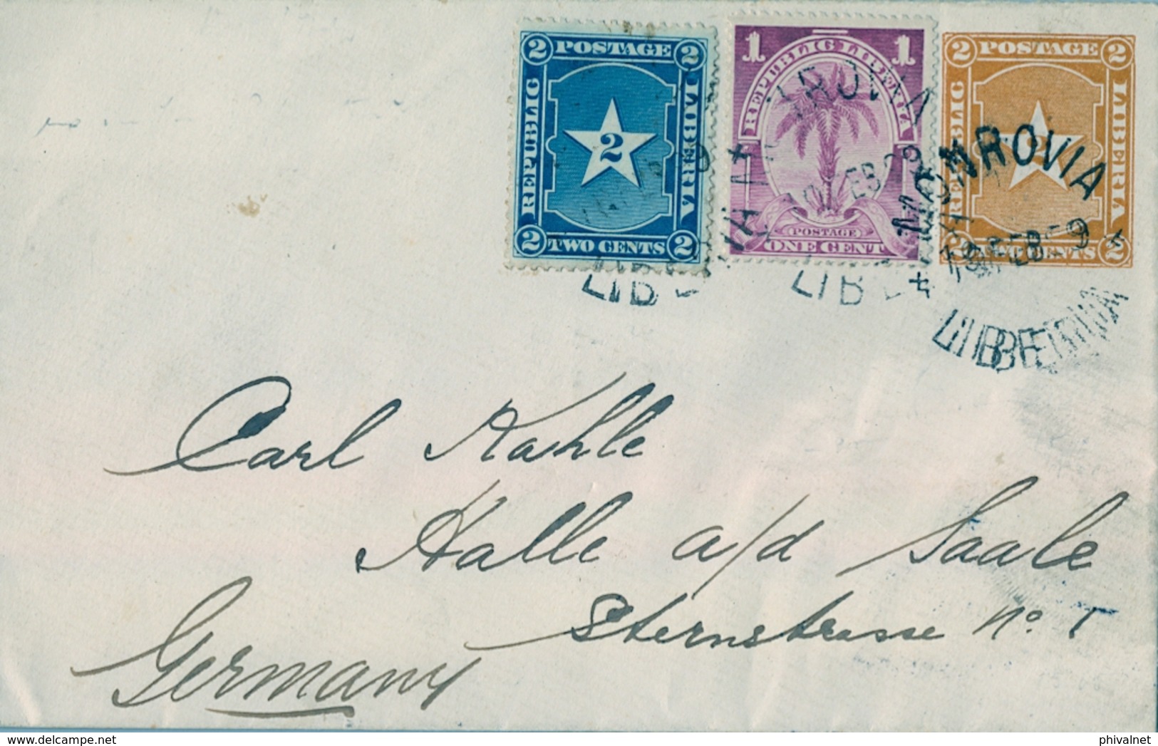 1899 , LIBERIA , MONROVIA - HALLE , RARO SOBRE ENTERO POSTAL CIRCULADO , FR. COMPLEMENTARIO , LLEGADA - Liberia