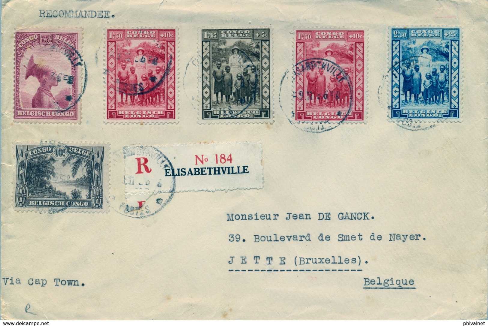 1936 , CONGO BELGA , ELISABETHVILLE - JETTE ( BRUSELAS ) , CERTIFICADO VIA CAPE TOWN - Cartas & Documentos