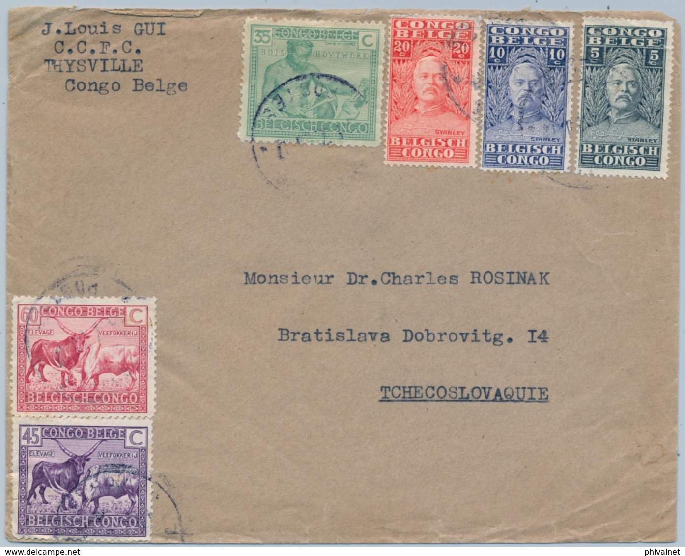 1930 , CONGO BELGA , THYSVILLE - BRATISLAVA ( CHECOSLOVAQUIA ) , SOBRE CIRCULADO, BONITO FRANQUEO - Cartas & Documentos