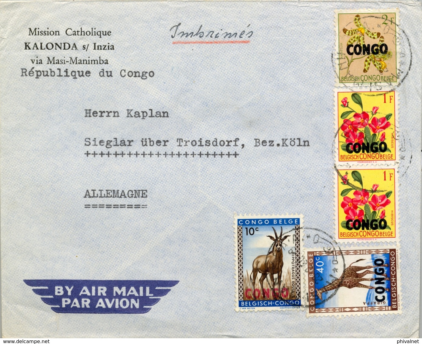 1959 , CONGO BELGA , MASI MANIMBA - SIEGLAR , MISIÓN CATÓLICA DE KALONDA , CORREO AÉREO - Cartas & Documentos