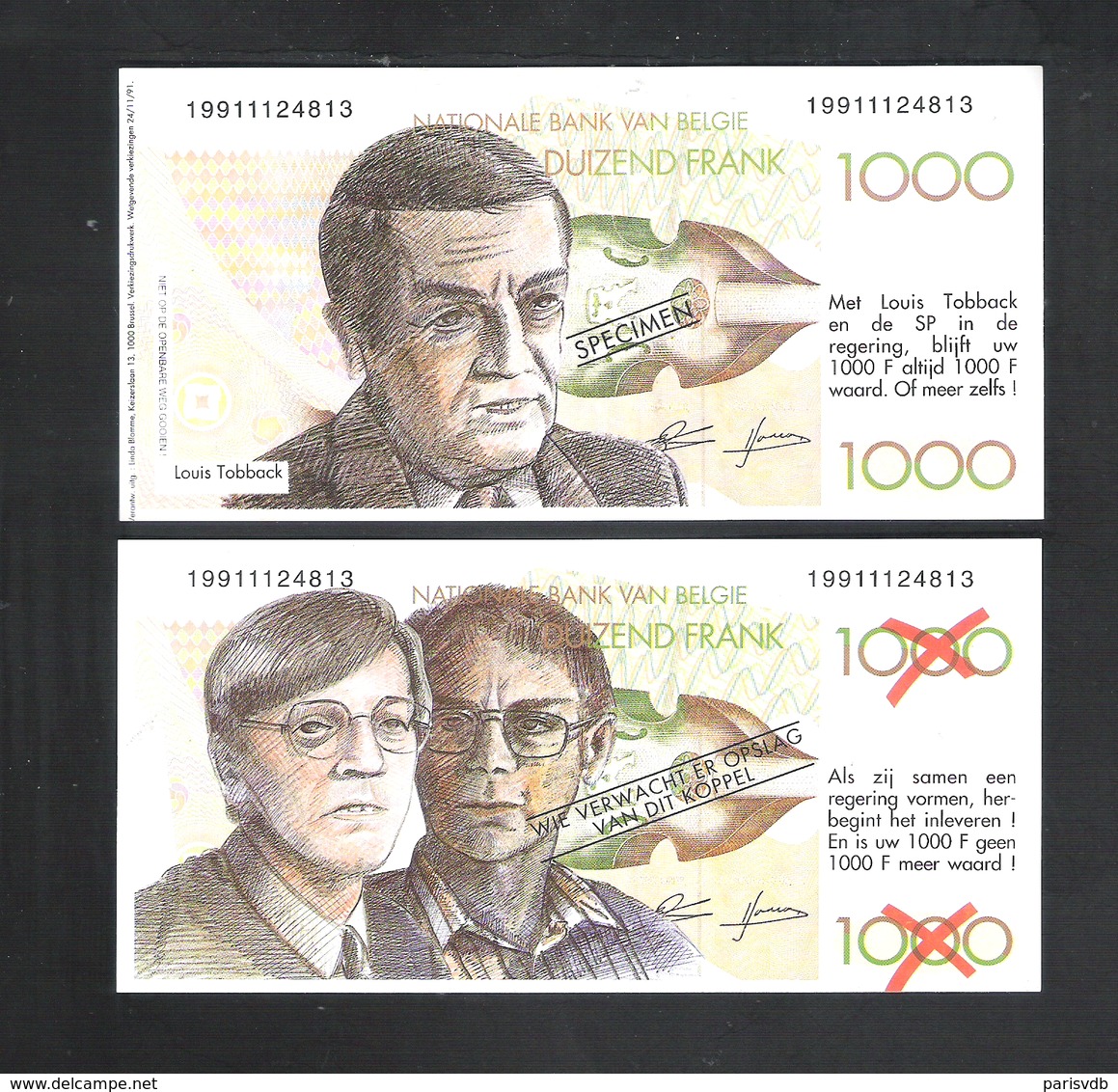 BANKBILJET 1000 F - VERKIEZINGSPROPAGANDA 1991 - TOBBACK - VERHOFSTADT - VAN ROMPUY (BB 01) - [ 8] Fictifs & Specimens