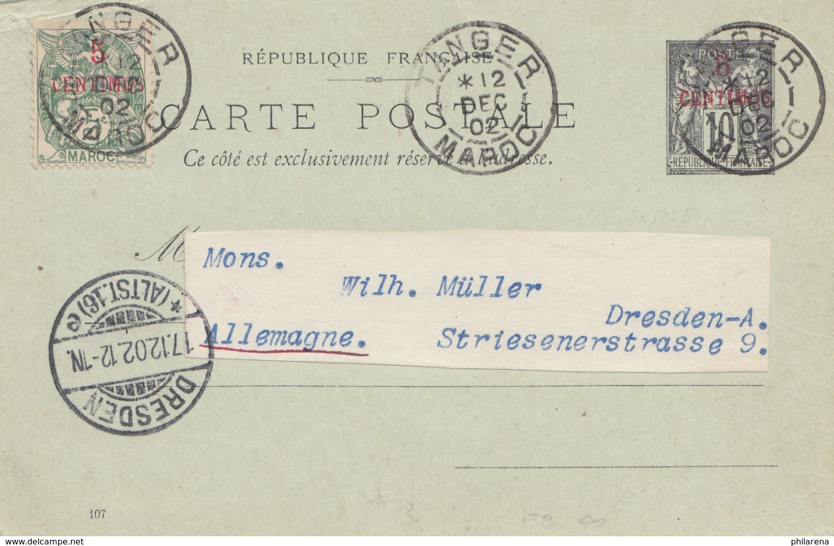 Maroc 1902: Post Card Tanger To Dresden - Morocco (1956-...)