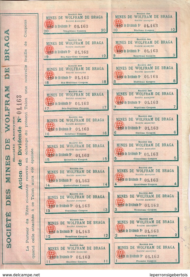 Ancienne Action - Société Des Mines De Wolfram De Braga - Titre De 1903 - N° 01.163 - Mines