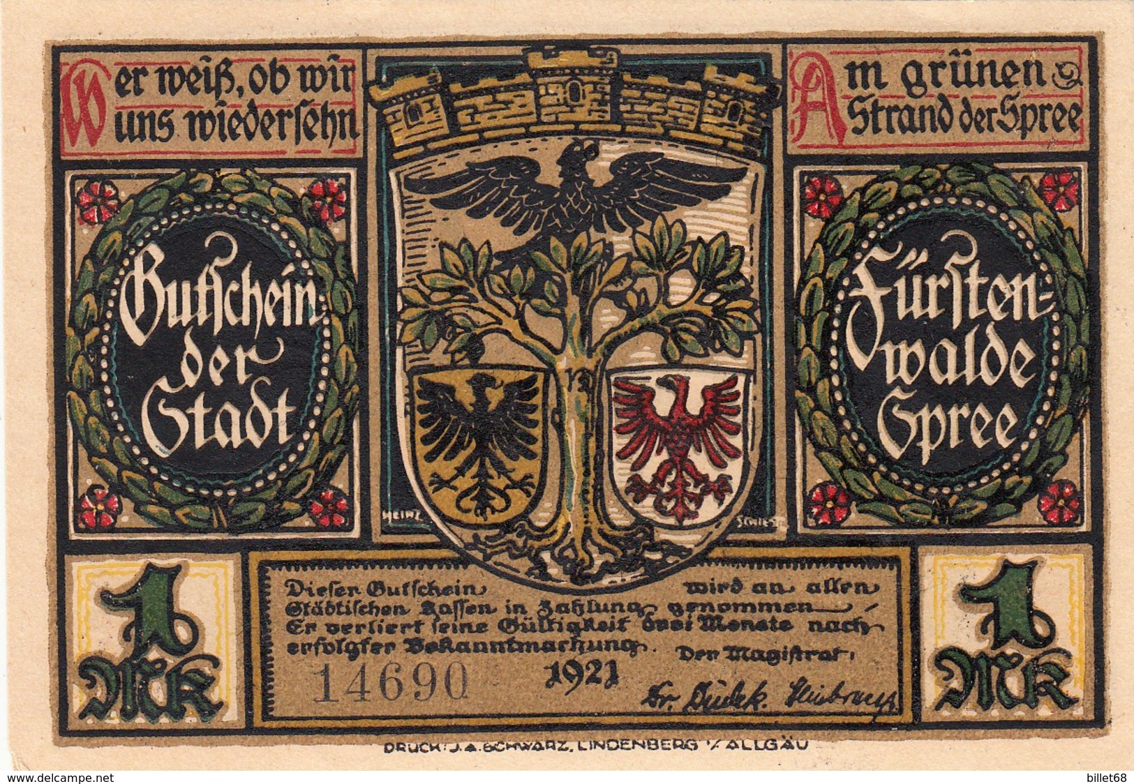 Billet Allemand - 1 Mark  - Fürstenwalde An Der Spree 1921 - [11] Lokale Uitgaven