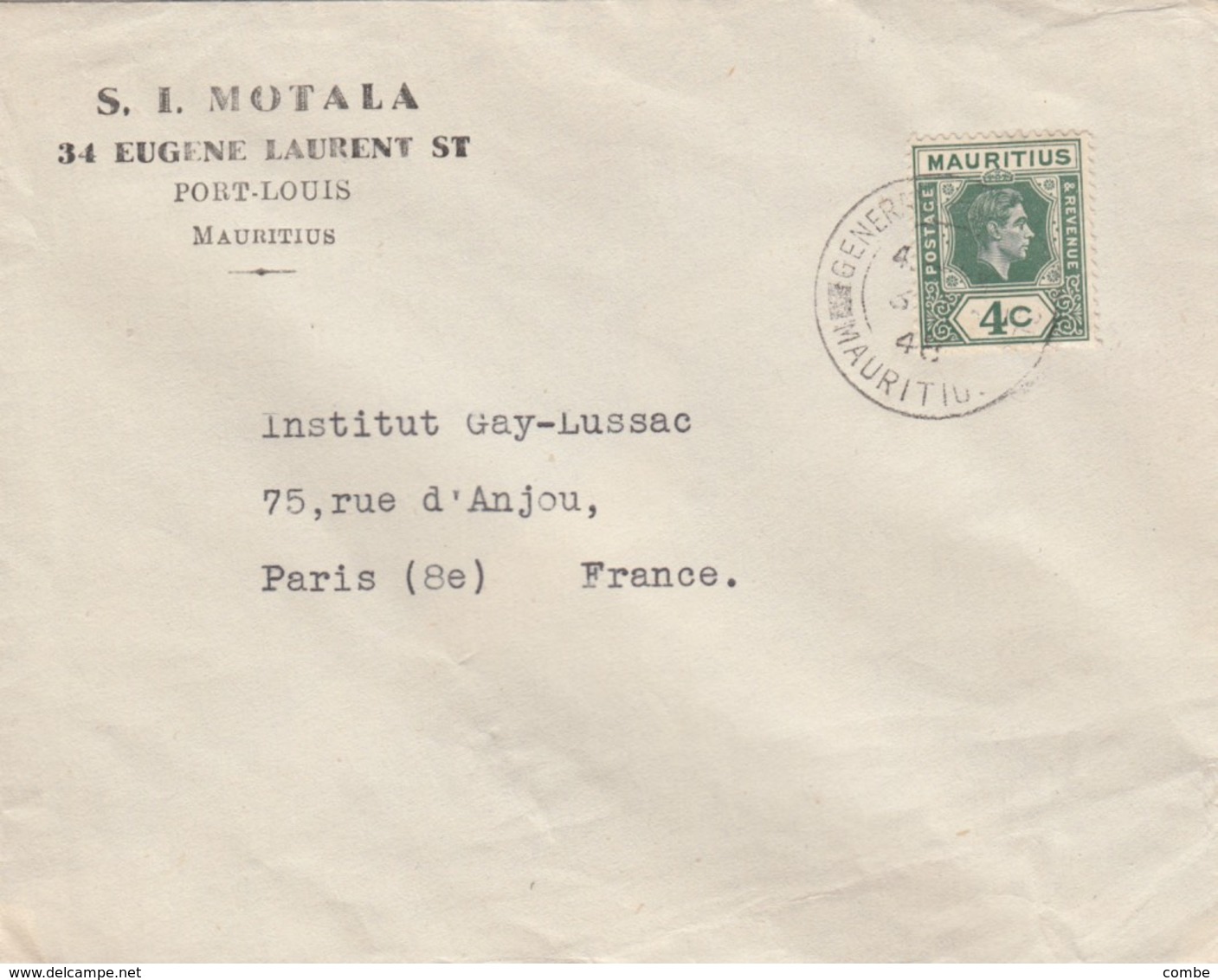 COVER MAURITIUS. S.I.MOTALA PORT-LOUIS TO PARIS FRANCE. - Sonstige & Ohne Zuordnung