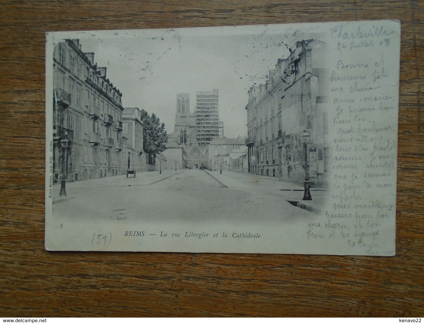 Carte Assez Rare De 1908 , Reims , La Rue Libergier  Et La Cathédrale "" La Cathédrale Avec Un échafaudage Assez Rare "" - Reims