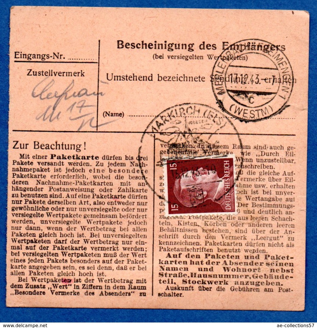 Colis Postal  -  Départ Mutzig  - 09/12/43 - Lettres & Documents