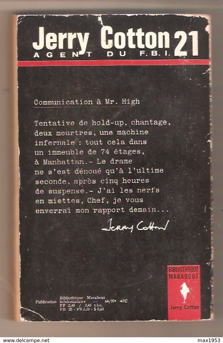 Jerry COTTON - Surboum à 13 H. 59 - Bibliothèque Marabout Jerry Cotton N° 21 - Autres & Non Classés