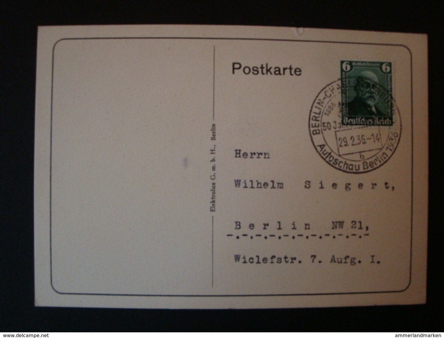 Schöne Werbe- Reklamekarte, Elektrolux Stausauger, Berlin, Gelaufen Mit Sonderstempel Autoschau Berlin 1936 - Werbepostkarten