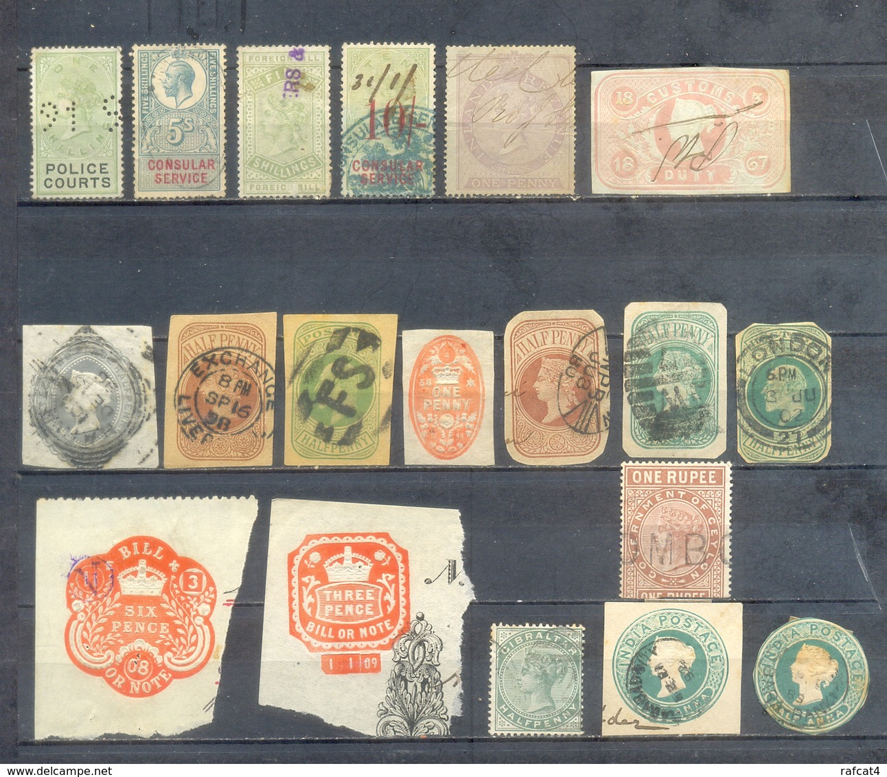 LOT OF 27 OLD STAMPS INCLUDING CEYLON, INDIA AND GIBRALTAR. - Fiscales