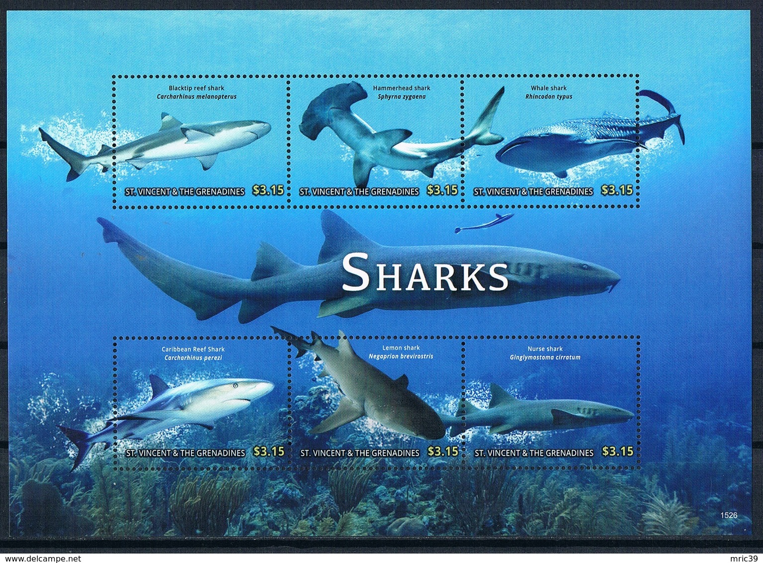 Bloc Sheet Poissons Requins Sharks Neufs MNH **St Vincent & The Grenadines 2015 - Poissons