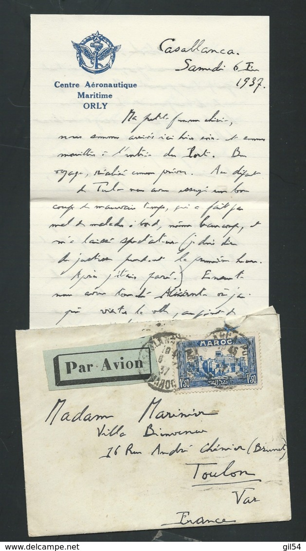 Lac  Par Avion Yvert N°144 Oblitéré  Casablanca  6/02/1937, Lettre Entete  Centre Aéronotique Maritime  Orly -   Lx 1802 - Lettres & Documents