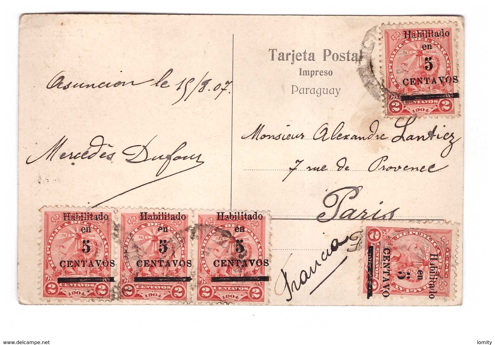 Paraguay Por Amistad + Timbre 5 Timbres Dont Bande Attachée De 3 Timbres Pour La France 1907 - Paraguay