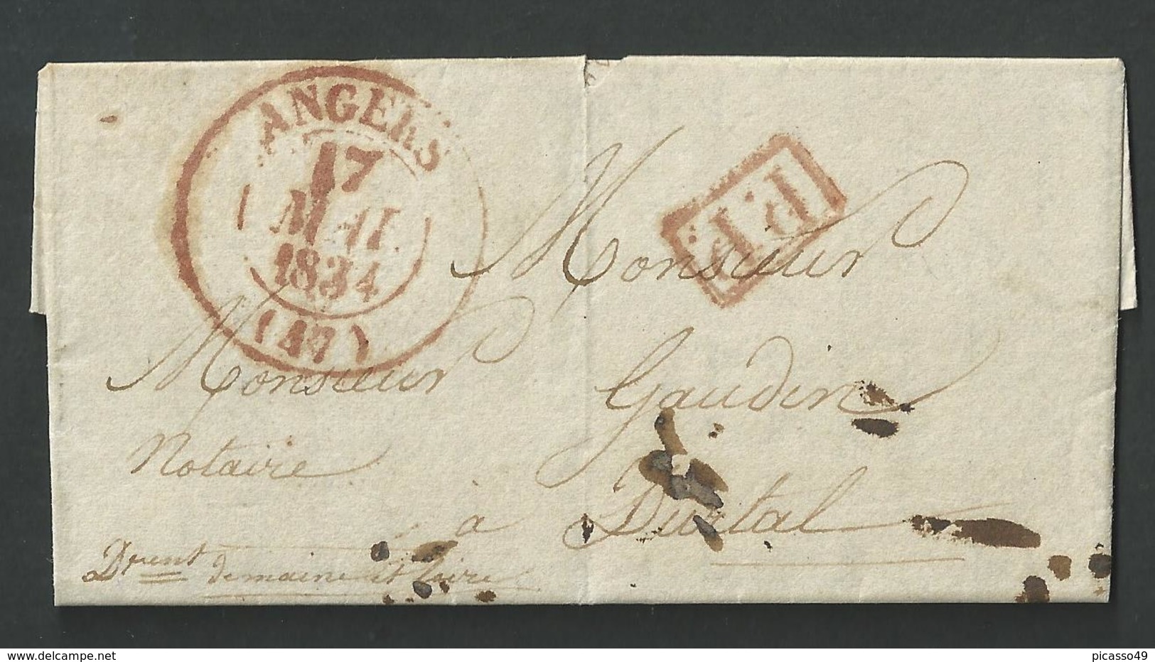 Maine Et Loire , Angers , Cachet Type 13 En Rouge Et Port Payé Du 17 Mai 1834 Pour Durtal - 1801-1848: Précurseurs XIX