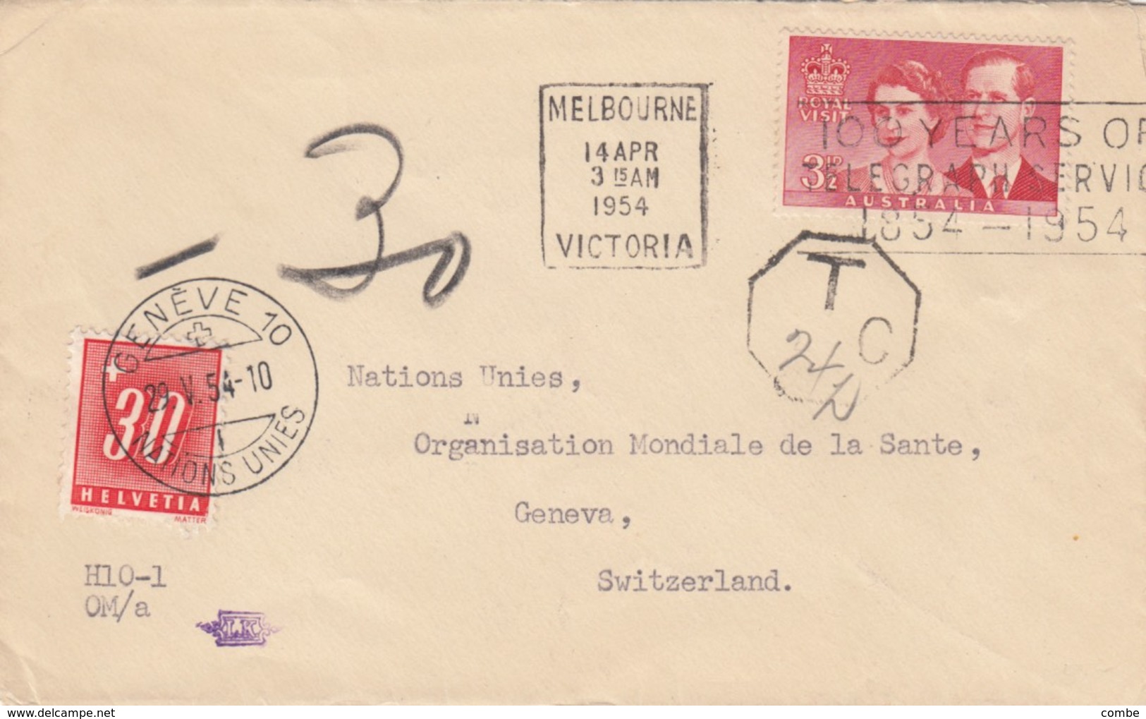 COVER. AUSTRALIA.  SIGNED LK.  3 1954. MELBOURNE TO GENEVE SWITZERLAND. DUE 30. - Sonstige & Ohne Zuordnung
