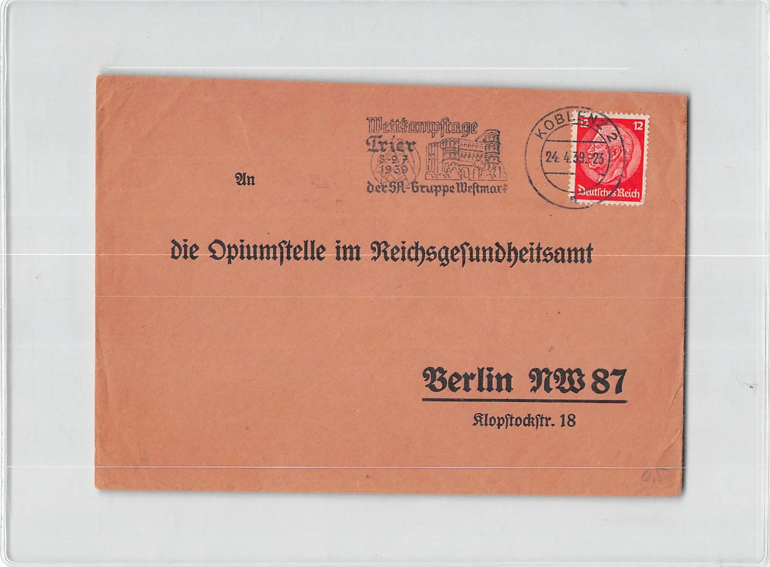 7981 01 KOBLENZ TO BERLIN - METTKAMPFTAGE TRIER  8 9 - 7 - 1939 DER SA GRUPPE  WEFTMARK  POSTMARK - Cartas & Documentos