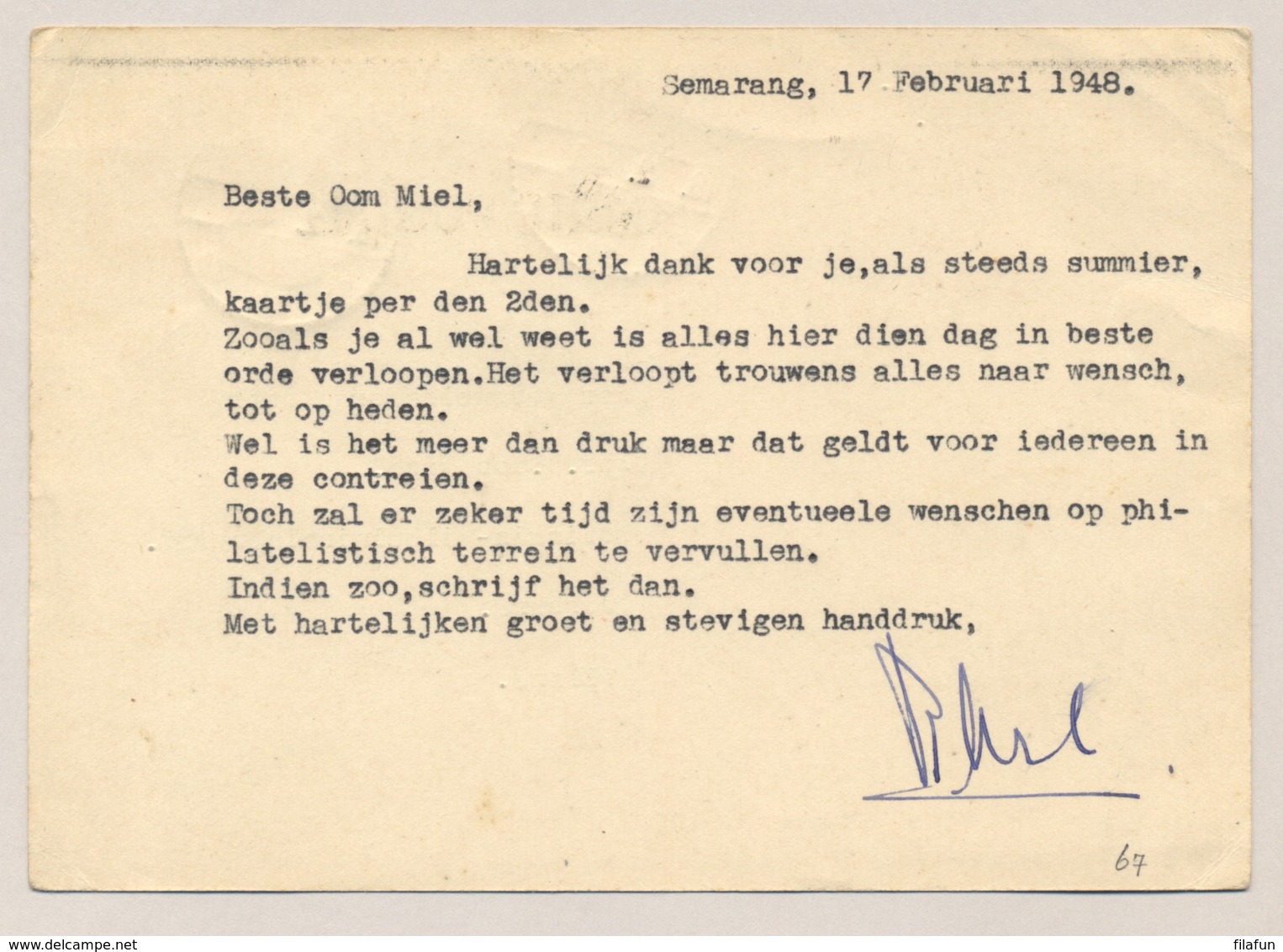 Nederlands Indië - 1948 - 10 Cent Wilhelmina Luchtdienst, Briefkaart G67 Met Bijfrankering Van Semarang Naar Voorburg - Niederländisch-Indien