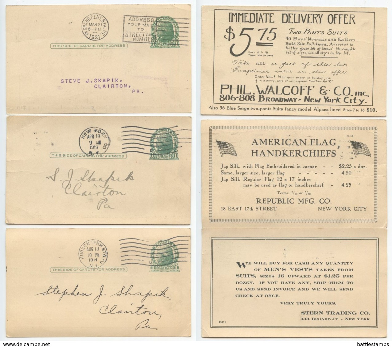 United States 1914-21 3 UX27 Postal Cards New York NY To Clairton, Pennsylvania - 1901-20