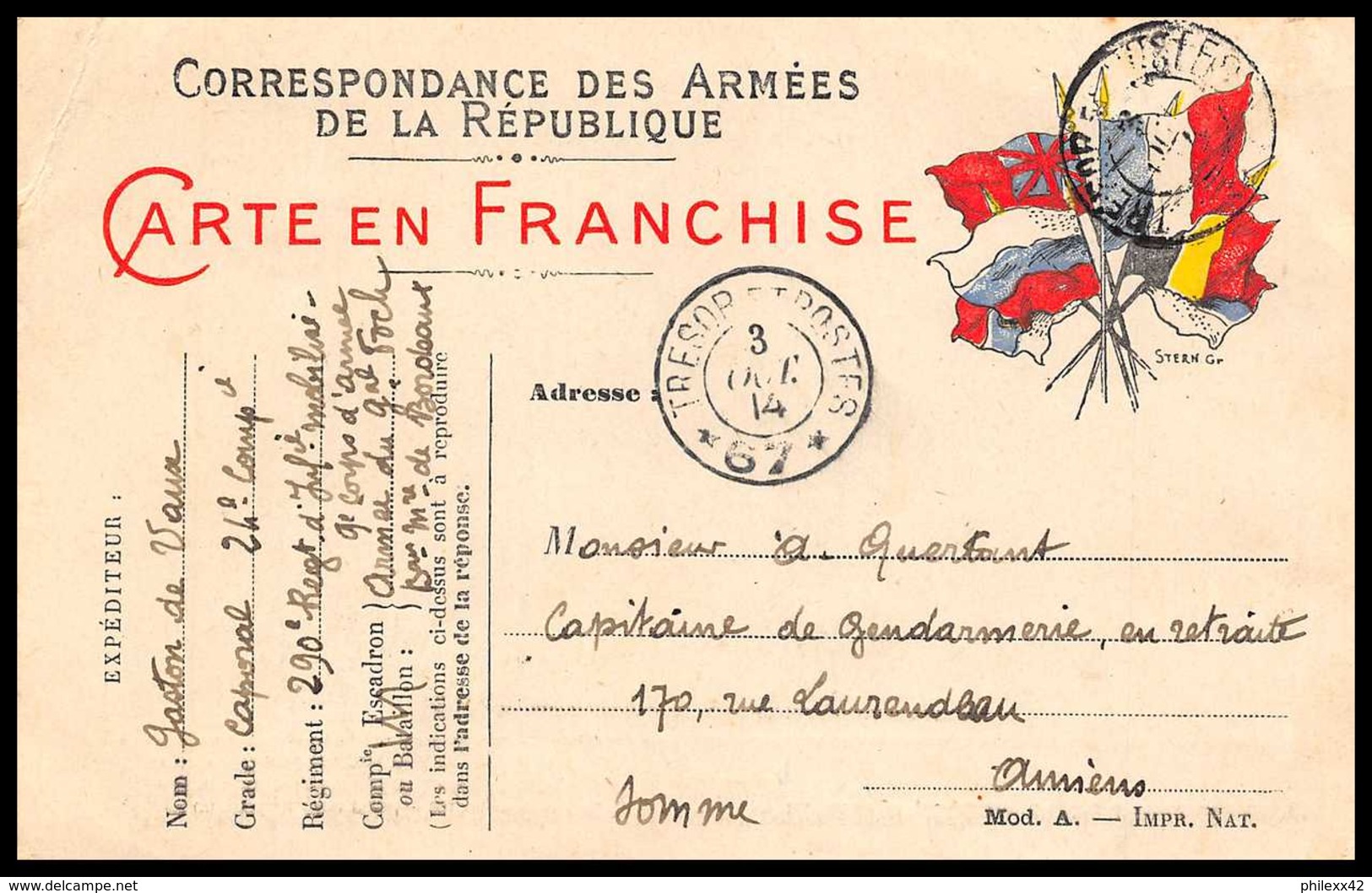 42317 Carte Postale En Franchise 1914 Secteur 67 Secteur Guerre 1914/1918 War Postcard - WW I