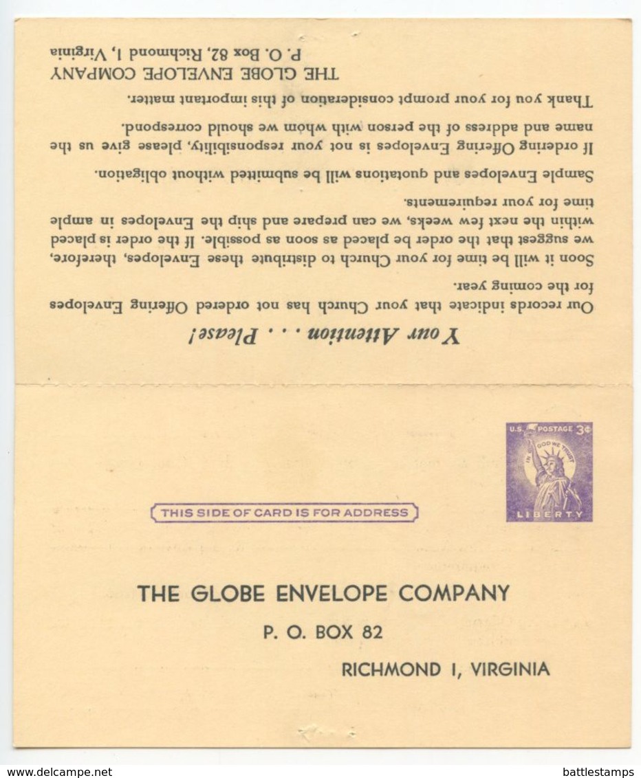 United States 1961 UY17 Postal Reply Card Richmond, Virginia To Newton, Kansas - 1961-80