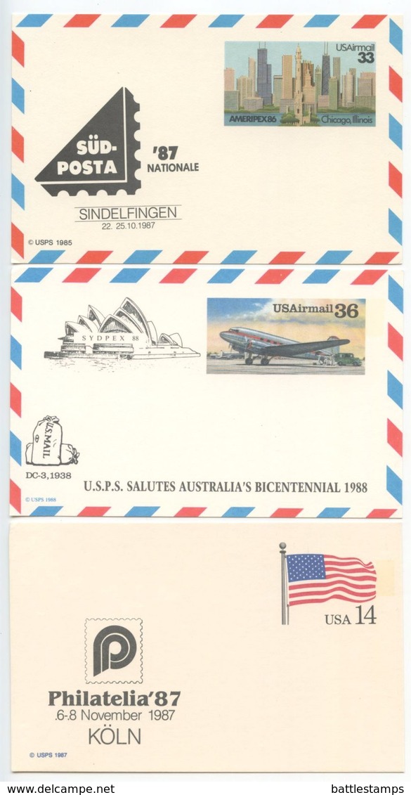 United States 1987-88 3 Mint Postal Cards W/ International Philatelic Exhibition Cachets - 1981-00