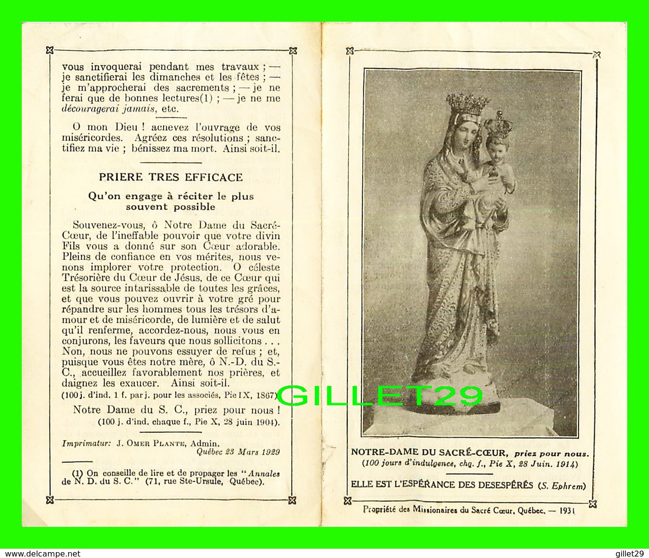 RELIGIONS - NOTRE-DAME DU SACRÉ-COEUR, PRIEZ POUR NOUS - MISSIONNAIRES DU SACRÉ-COEUR, 1929 - 4 PAGES - - Vierge Marie & Madones