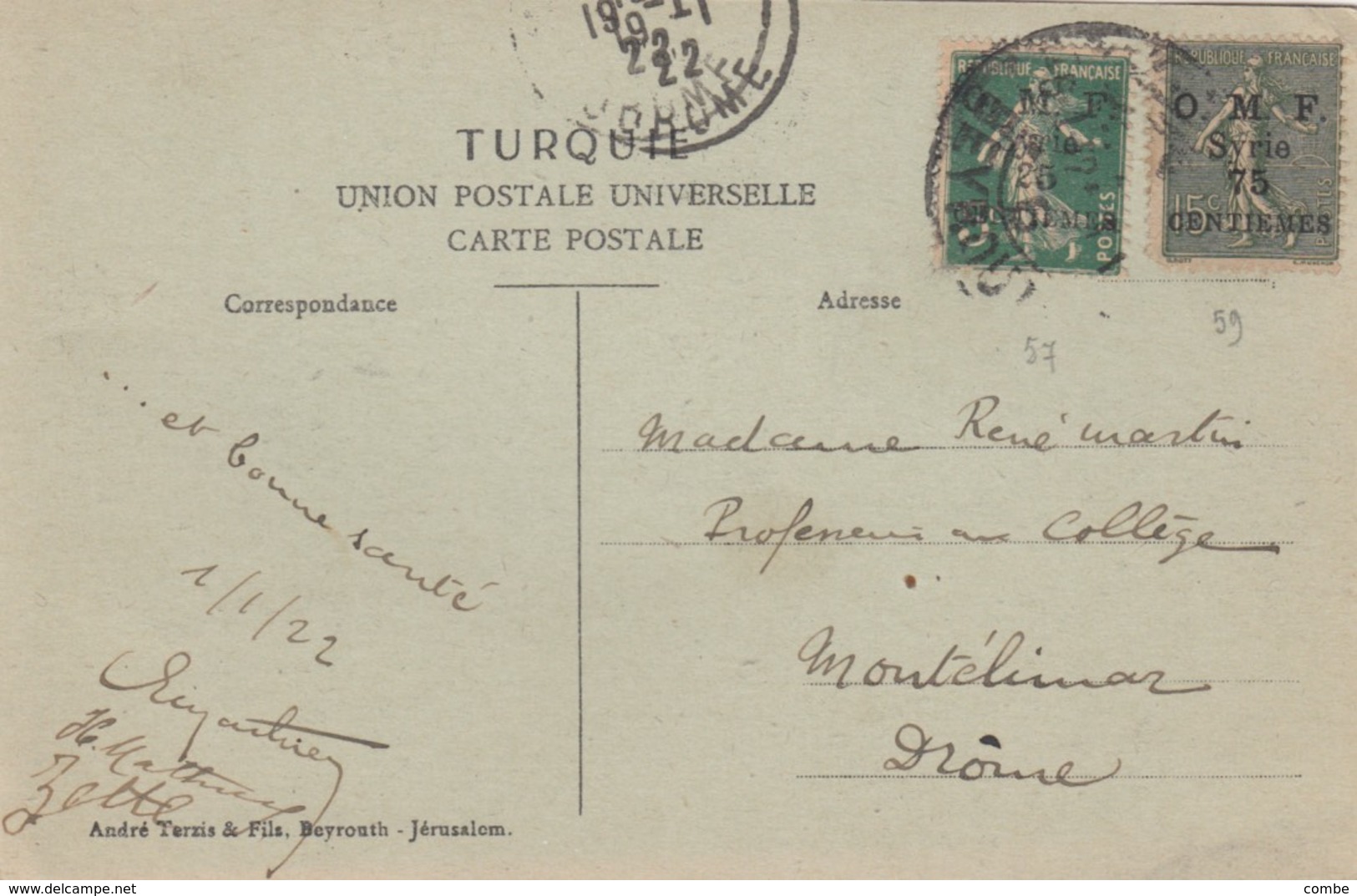 POST CARD BEYROUTH. 19 1 1922. OMF SYRIE TO  FRANCE /  2 - Autres & Non Classés