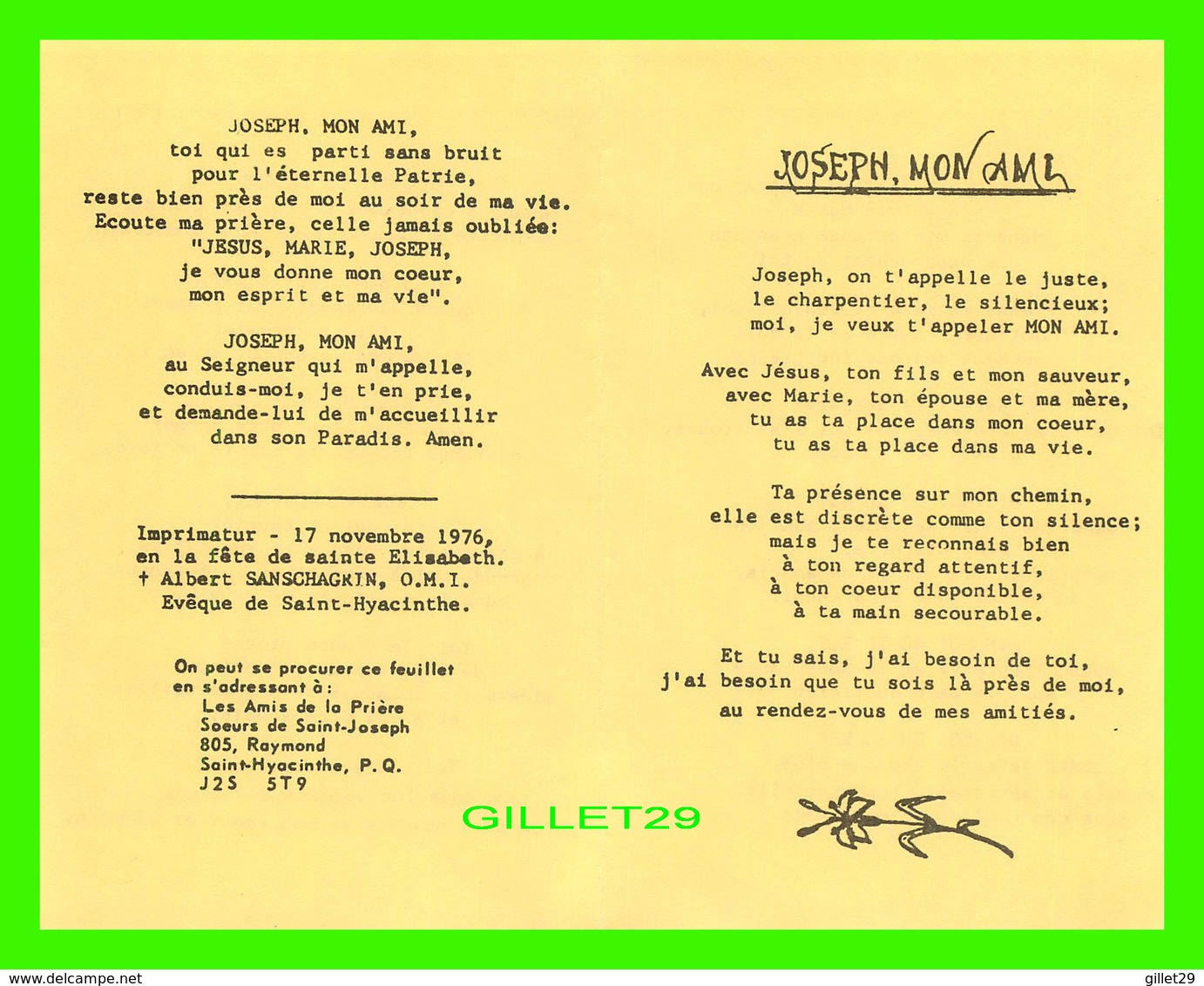 RELIGIONS - JOSEPH, MON AMI EN 1976 - 4 PAGES - LES AMIS DE LA PRIÈRE SŒURS DE SAINT-JOSEPH, SAINT-HYACINTHE - - Saints