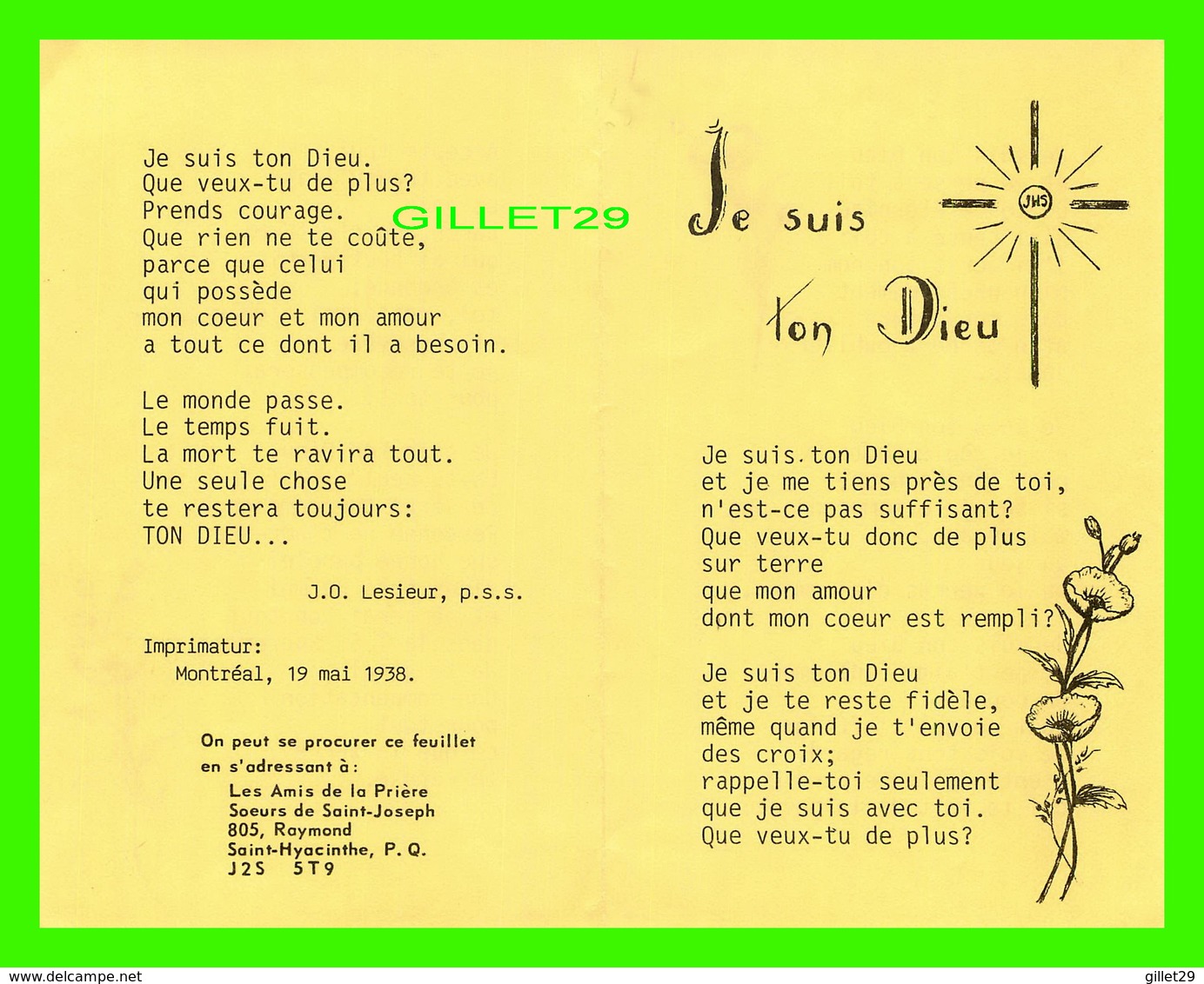 RELIGIONS - JE SUIS TON DIEU EN 1938 - 4 PAGES - LES AMIS DE LA PRIÈRE SŒURS DE SAINT-JOSEPH, SAINT-HYACINTHE - - Saints