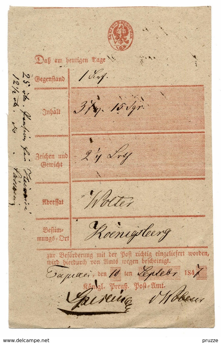 Preussen Aufgabeschein 1847 In Tapiau Nach Königsberg / Ostpreußen - Autres & Non Classés