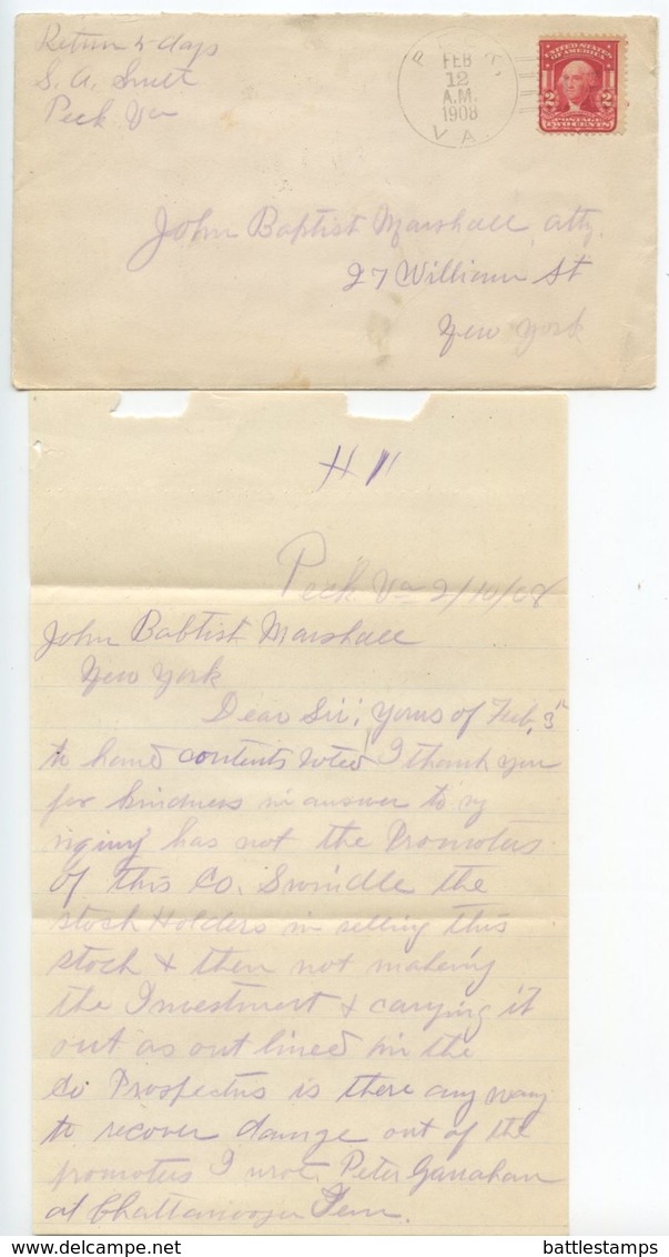 United States 1908 Cover & Letter Peck Virginia To NY, Doane Postmark - Brieven En Documenten
